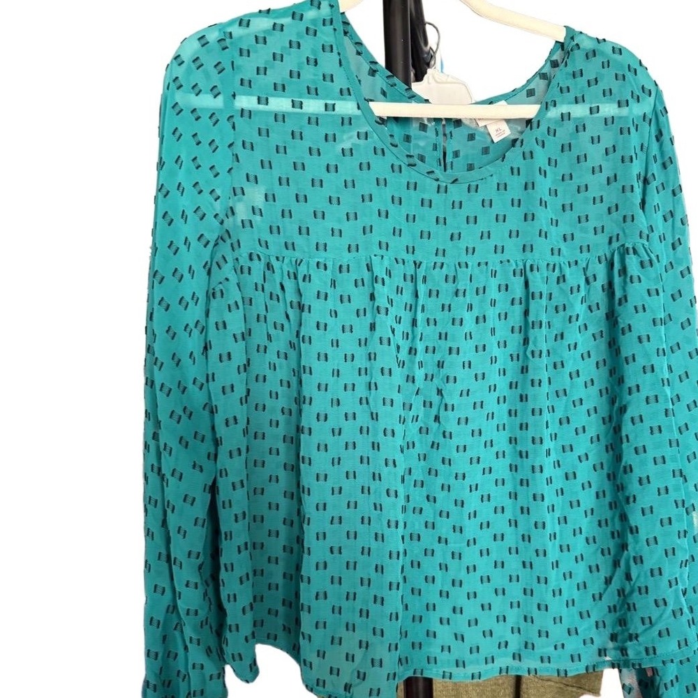 Merona Womens Blouse Top XL Green Black Long Sleeve Sheer‎